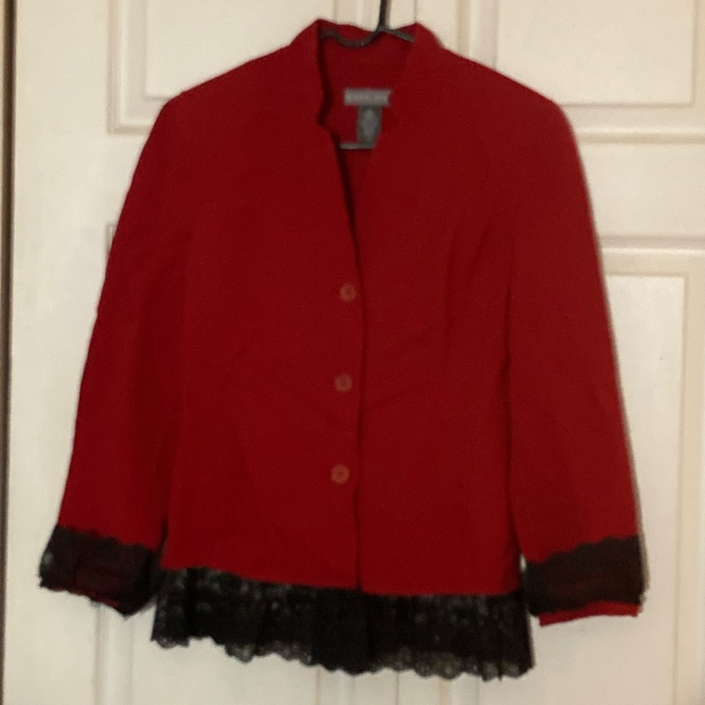 Kate Hill Red Blazer with Black Lace Trim 4